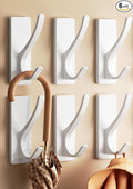 Self Adhesive Coat Hooks for Hanging, Heavy Duty Stainless Double Wall Hook for Towel, Backpack, Hat, Sturdy Metal Hanger for Bathroom, Bedroom, Door, Wall Mounted, 6 Pack, White