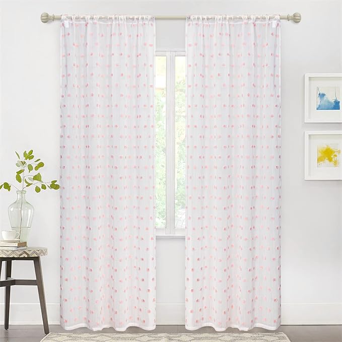 MYSKY HOME Pom Pom Sheer Curtains for Girls Bedroom Pink Curtains for Nursery 90 Inch Long Living Room Curtains 2 Panels Light Filtering Rod Pocket Semi Window Drapes 52 x 90 inch