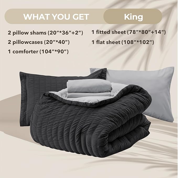HYMOKEGE Black/Light Grey King Size Comforter Set Seersucker 7 Pieces, All Season Luxury Bed in a Bag for Bedroom, Bedding Set with Comforter, Sheets, Pillowcases & Shams
