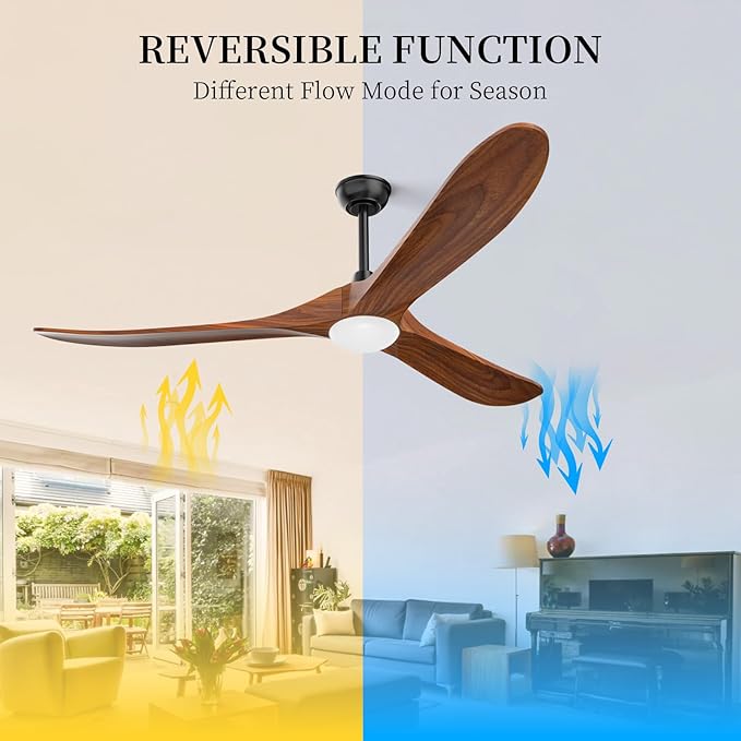 Obabala Ceiling Fans with Lights and Remote, 60inch Outdoor Ceiling Fan 3 Solid Wood Blades Fan with 3 Downrods for Patios, Modern Ceiling Fan with Noiseless Reversible DC Motor (Solid Wood, 60in)