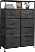 WLIVE Fabric Dresser for Bedroom with Open Shelves, Tall Dresser with 8 Drawers, Storage Tower with Fabric Bins, Chest of Drawers for Closet, Living Room, Hallway, Charcoal Black Wood Grain Print