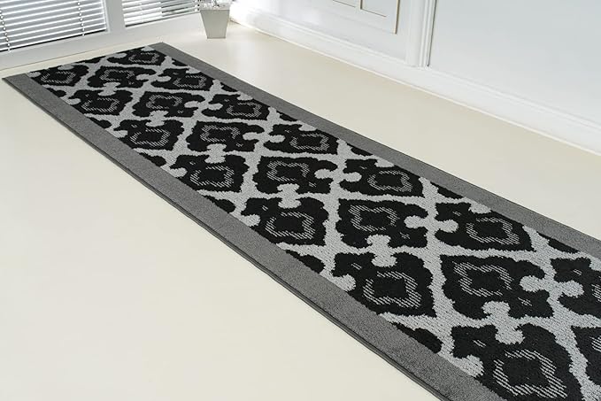 Custom Length Cut to Size Fleur de Lis Inspired Carpet Runner Rug for Hallways, Non Slip Rubber Backed, 31 inch Wide X Customized Length, Royal Grey, 31 inch X 6 feet