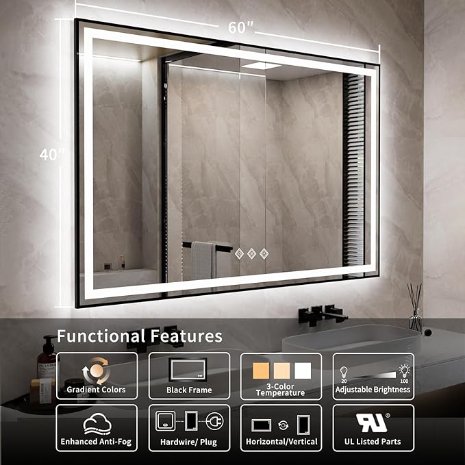 LED Bathroom Mirror, 60x40 Inch Black Framed Gradient Front and Backlit Bathroom Mirror with LED Lights, 3 Colors Dimmable CRI>90, IP54 Enhanced Anti-Fog Wall Mounted Backlit Mirror