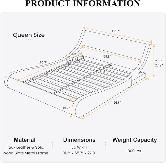 SHA CERLIN Modern Low Profile Platform Bed Frame Queen Size, Stylish Faux Leather Upholstered Sleigh Bed with Adjustable Headboard, No Box Spring Needed, Glossy Black