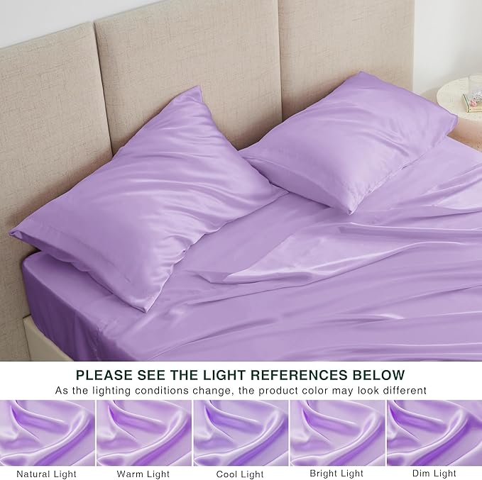 Love's cabin Twin Satin Sheets Sets - 3 Piece Lavender Silky Bed Sheets with Deep Pockets, Luxury Silk Feel Satin Twin Size Sheet Set Bedding Set (1 Flat Sheet,1 Fitted Sheet,1 Pillow case)