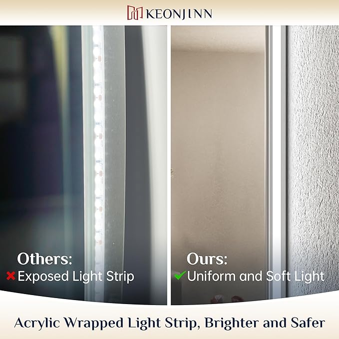 Keonjinn LED Bathroom Mirror with Lights 36 x 36 Inch, Backlit Vanity Mirrors for Wall, Stepless Dimmable, Anti Fog, Waterproof, CR90+ Tempered Glass, Memory Founction, High Lumen