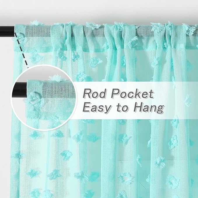 MYSKY HOME Pom Pom Aqua Sheer Curtains for Bedroom Girls Room Curtains 84 Inches Long for Nursery Kids Light Filtering Boho Window Drapes, Rod Pocket, 52" Wide, 2 Panels