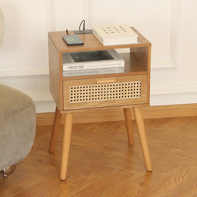 MaxSmeo Mid Century Modern Nightstand with Charging Station, Bedside Tables with Rattan Drawer, Small Wood Nightstand Side Table for Living Room,Bedroom (Brown)