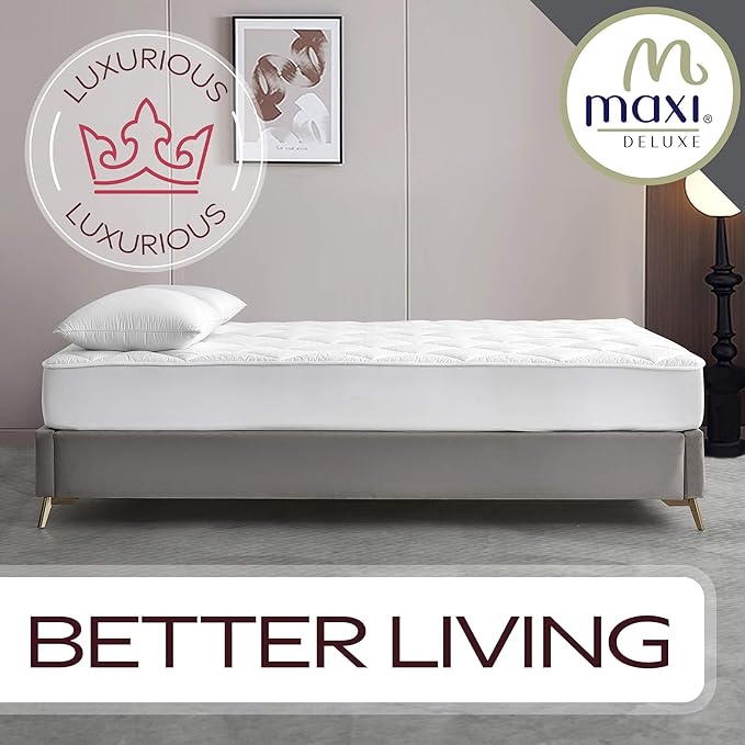 MAXI King Size Mattress Pad - Luxurious Cotton Sateen Mattress Protector - Soft, Comfortable, and Breatheable Mattress Cover - Mattress Pad Protects Mattress from Dust, Dirt, Spills, and Stains.
