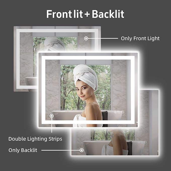 36"x 24" LED Bathroom Mirror with Lights, Anti-Fog, Dimmable, Backlit + Front Lit Smart Mirror, Lighted Bathroom Vanity Mirror for Wall, Shatter-Proof Tempered Glass(Horizontal/Vertical)