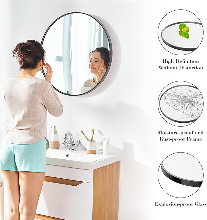 Sweetcrispy 30in Round Bathroom Mirrors for Wall, Bathroom Mirrors for Over Sink, Wall Decor for Bathroom, Entryway, Bedroom, Vanity, Classical Black