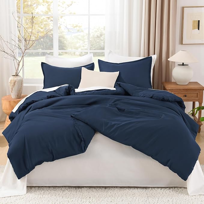 Litanika Navy Blue Comforter Set Queen Size, 3 Pieces Lightweight Solid Bedding Comforter Set, All Season Fluffy Bed Set (90x90In Comforter & 2 Pillowcases)