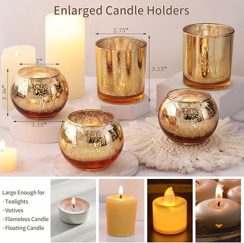 10 Pcs Assorted Gold Votive Candle Holders, Larger Size Mercury Glass Votives with Round Candle Holder for Wedding Decorations, Gold Tealight Candle Holder for Party Table Centerpieces