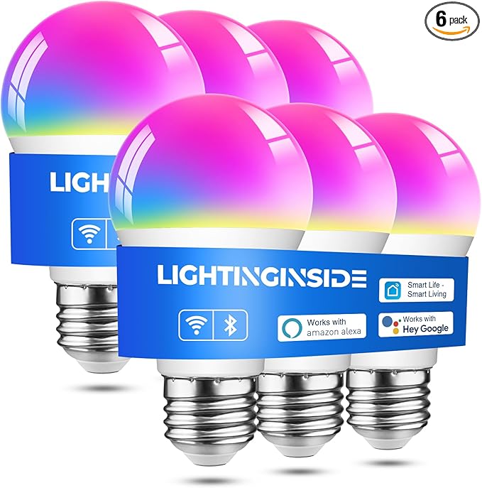 Lightinginside Smart Light Bulbs 6 Pack, Smart Bulb Works with Alexa/Google Home/Smart Life, CRI>90, RGBCW Color Changing LED Light Bulbs, 2.4G WiFi Bluetooth A19 E26 Bulb, No Hub Required, ETL Listed