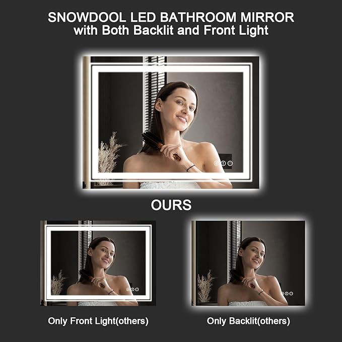 LED Bathroom Mirror, 60"X40" with Front and Backlit, Anti-Fog, Large Bathroom Vanity Mirror for Wall, Memory Function, Stepless Dimmable, Tempered Glass (Horizontal/Vertical)