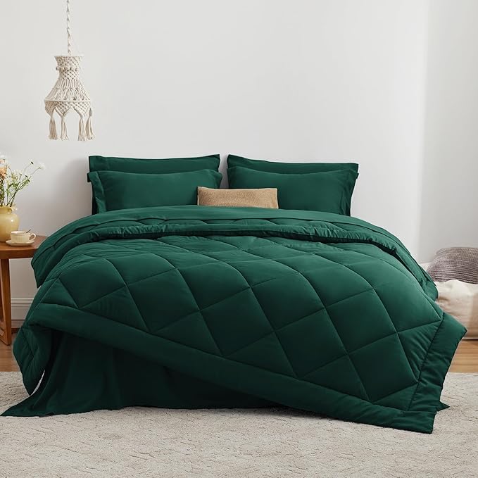 Love's cabin California King Comforter Set Dark Green, 7 Pieces California King Bed in a Bag, All Season Bedding Sets with 1 Comforter, 1 Flat Sheet, 1 Fitted Sheet, 2 Pillowcase and 2 Pillow Sham