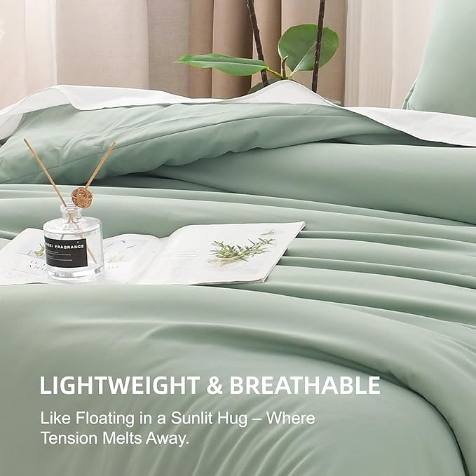 Litanika Oversized Queen Comforter Set, 3 Pieces Sage Green Lightweight Solid Bedding Comforter Set, All Season Fluffy Bed Set (98x98In Comforter & 2 Pillowcases)