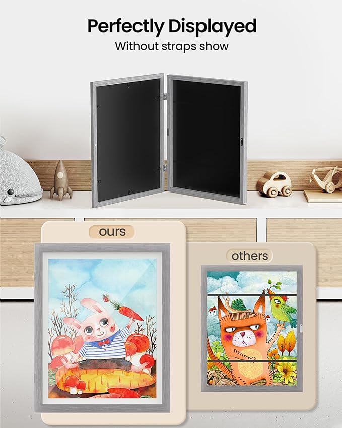 BAIJIALI Grey Art Frames for Kids Artwork - Front Opening Holds 150 Drawings, 3D Crafts - 3 Packs 8.5x11 with mat or 9x12 without Mat
