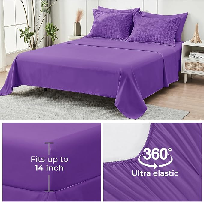 HYMOKEGE Dark Purple Full Size Comforter Sets Seersucker 7 Pieces, All Season Luxury Bed in a Bag for Bedroom, Bedding Set with Comforter, Sheets, Pillowcases & Shams