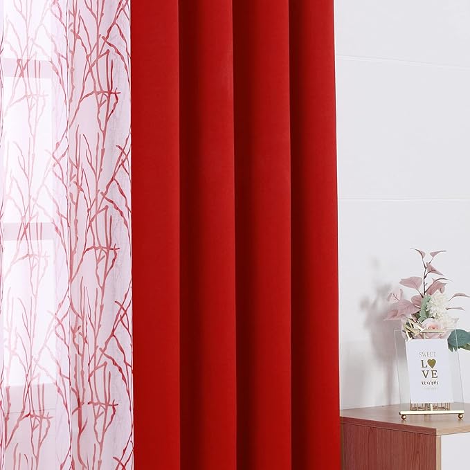 BONZER Mix and Match Curtains - 2 Pieces Branch Print Sheer Curtains and 2 Pieces Blackout Curtains for Bedroom Living Room Grommet Window Drapes, 37x63 Inch/Panel, Red, Set of 4 Panels