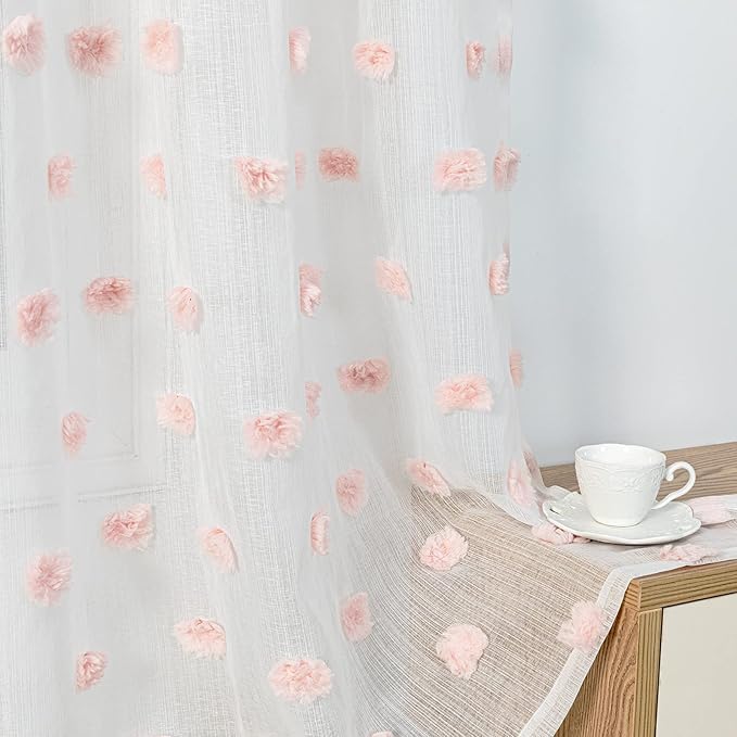MYSKY HOME Small Window Curtains for Bathroom Kitchen 45 Inches Long Pink Pom Pom White Sheer Curtains Nursery Bedroom Girls Kids Room Rod Pocket 2 Panels Boho Cafe Window Drapes Blush 52" x 45"
