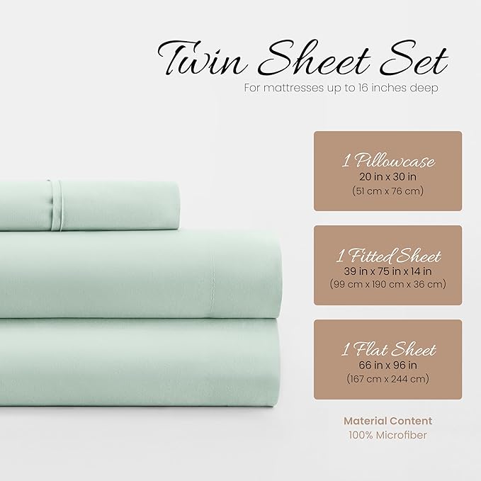 Linen Market Double-Brushed Microfiber Twin Sheet Set 3 Piece – Oeko-TEX Certified Ultra Soft & Wrinkle-Free - 16" Deep Pocket Sheets - Easy Care Twin Size - Mint
