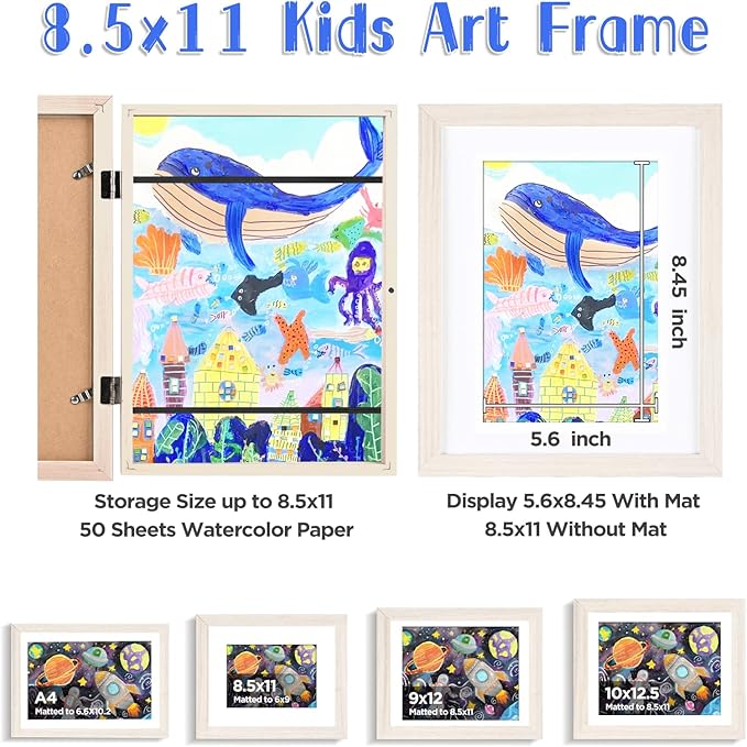 KINLINK 8.5x11 Kids Art Frames Set of 2, Solid Wood Kids Artwork Frames Changeable with Acrylic Front Opening Holds 150 Pictures, Art Frame for Kids Artwork with Mat or without Mat, White Wood