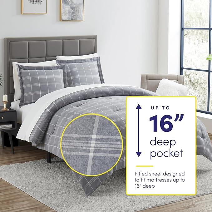 7 Piece Comforter Set Bag Solid Color All Season Soft Down Alternative Blanket & Luxurious Microfiber Bed Sheets, Full, Gray Plaid