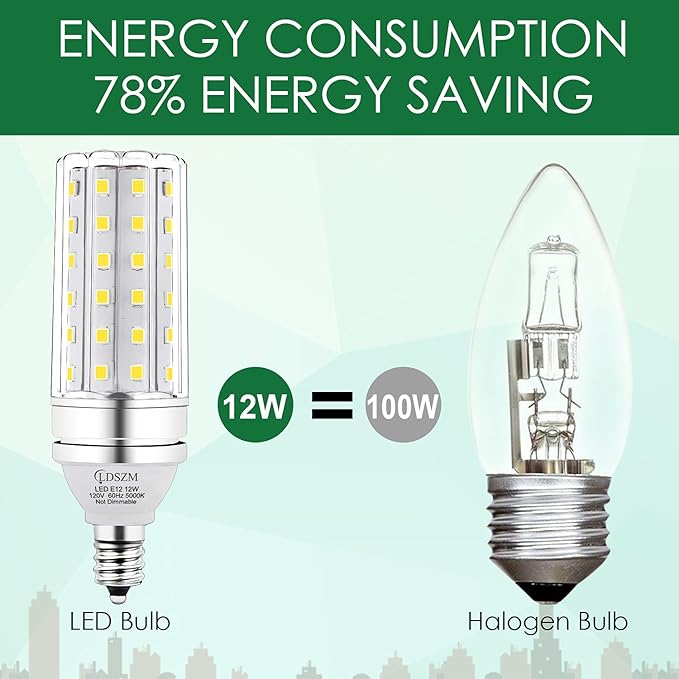 E12 LED Corn Light Bulb, 12W Equivalent 100W, 1200 Lumen Daylight 5000K, Non-Dimmable Candelabra Base Chandelier Light Bulbs, Pack of 3