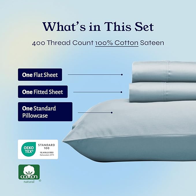 California Design Den Twin XL Sheet Sets - Soft 400 Thread Count Sateen, Natural 100% Cotton Sheets Set with Deep Pockets, Cooling and Durable Bedding - Sky Blue
