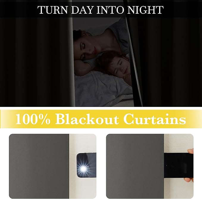 NICETOWN 100% Blackout Curtains for Living Room 96 inches Long, Grommet Thermal Insulated Window Treatment Lightweight Travels Portable Shades for Bedroom/Kids Room, Dark Grey, W52 x L96