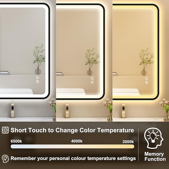S'bagno 32X24 Black LED Mirror for Bathroom with Frontlit & Backlit, LED Bathroom Mirror with Metal Frame, Anti-Fog, Stepless Dimmable, 3 Colors Temperature LED Vanity Mirror(Horizontal/Vertical)