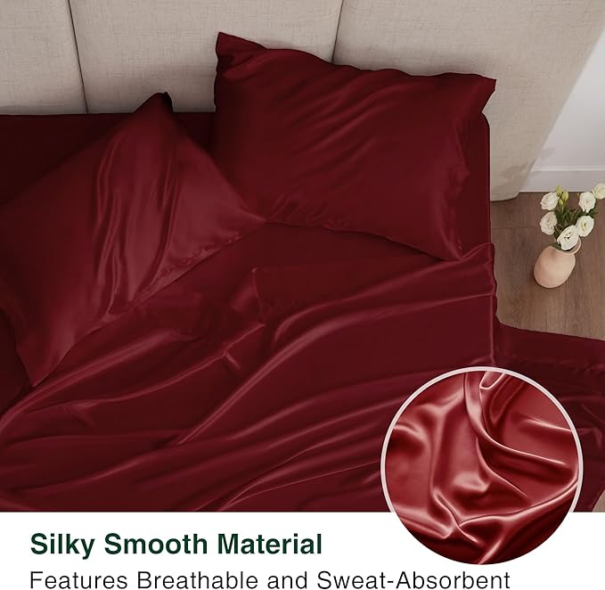 Love's cabin Twin Satin Sheets Sets - 3 Piece Burgundy Silky Bed Sheets with Deep Pockets, Luxury Silk Feel Satin Twin Size Sheet Set Bedding Set (1 Flat Sheet,1 Fitted Sheet,1 Pillow case)