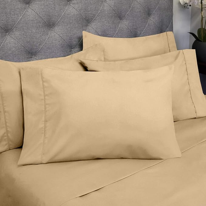 Sweet Home Collection 6 Piece 1500 Supreme Collection Brushed Microfiber Deep Pocket Sheet Set-2 Extra Pillow Cases, Great Value, Split King, Camel