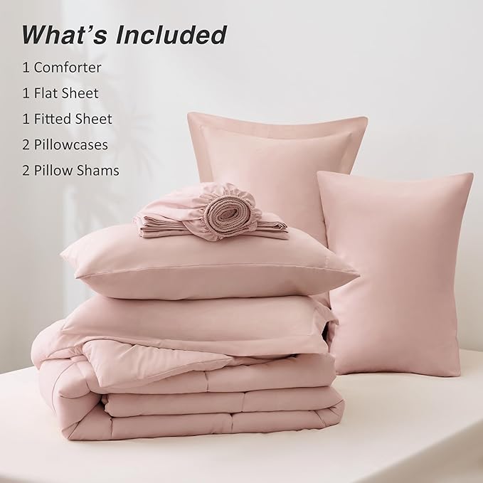 Love's cabin California King Comforter Set Blush Pink, 7 Pieces California King Bed in a Bag, All Season Bedding Sets with 1 Comforter, 1 Flat Sheet, 1 Fitted Sheet, 2 Pillowcase and 2 Pillow Sham