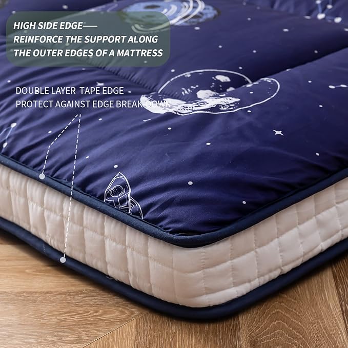 MAXYOYO Navy Space Adventure Futon Mattress, Padded Japanese Floor Mattress Quilted Bed Mattress Topper, Extra Thick Folding Sleeping Pad Breathable Floor Lounger Guest Bed for Camping Couch, Queen