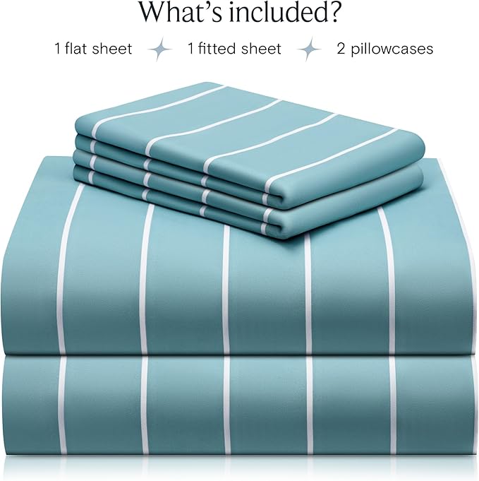 LuxClub 4 PC King Size Sheet Set Bed Sheets, Breathable Luxury Deep Pockets Wrinkle Free Cooling Sheets Machine Washable Hotel Bedding (King, Striped Light Blue)