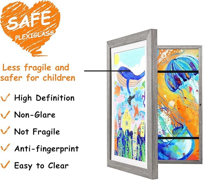KINLINK 9x12 Kids Art Frames Set of 2, Solid Wood Kids Artwork Frames Changeable with Acrylic Front Opening Holds 150 Pictures, Art Frame for Kids Artwork with Mat or without Mat, Grey
