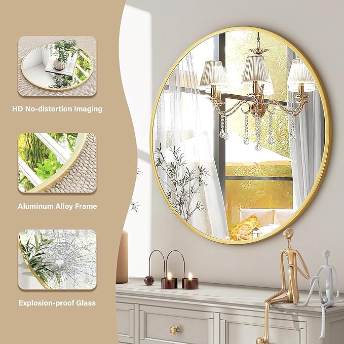HARRITPURE Round Mirror 36 Gold Wall Mounted Circle Mirrors Vanity Mirror with Brushed Aluminum Alloy Frame Modern Decoration for Bathroom, Living Room, Vanity, Bedroom, Entryway