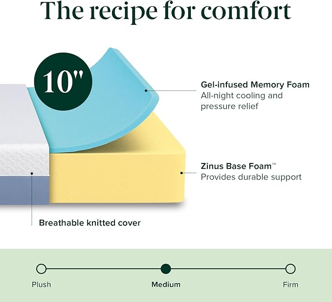 ZINUS 10 Inch Queen Cooling Essential Memory Foam Mattress [NewVersion], Fiberglass Free, Medium Feel, Breathable Cooling Layers, Certified Safe Materials