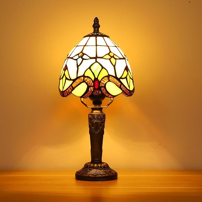 Tiffany Small Lamp Baroque Stained Glass Table Lamp 3 Way Color-Temparetures Bedside Nightstand Table Lamps for Bedroom Living Room Home Office Desk Light W/LED Bulb 6X6X12.5Inch