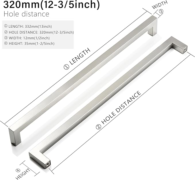 Cabinet Pulls Brushed Nickel Cabinet Handles Square Drawer Pulls, 5 Pack 12-3/5 Inch Stainless Steel Kitchen Door Cupboard Cabinet Handles, Cabinet Hardware Drawer Handles, 320mm Hole Centers