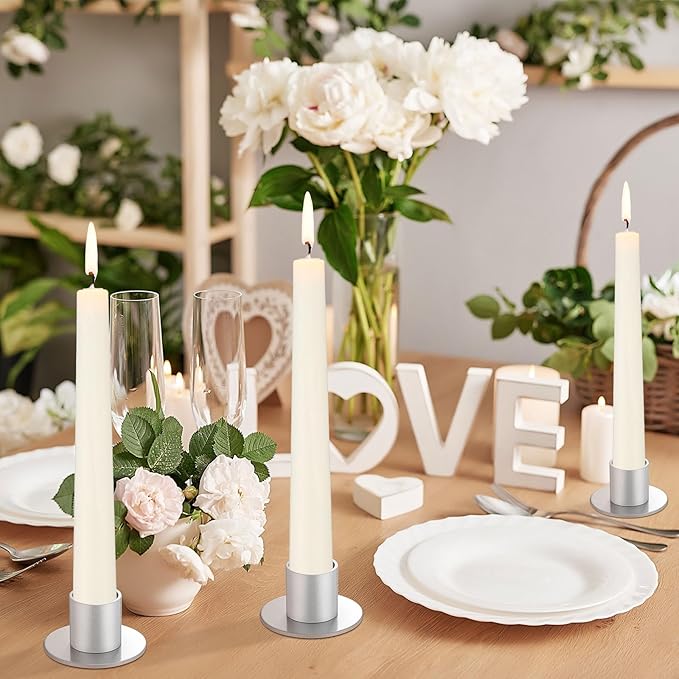 24 Pcs Silver Taper Candle Holders Bulk for Pillar Candles Metal Short Candlestick Holder Silver Centerpieces Decoration for Christmas Thanksgiving Anniversary Dinner Party