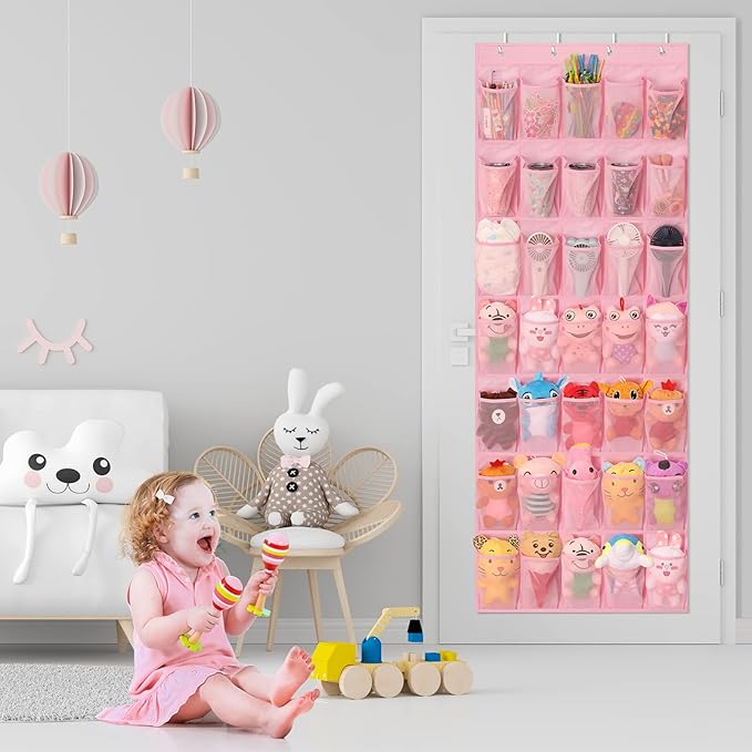 Tiblue Over The Door Shoe Organizers Pink with 35 Mesh Pockets Baby Organizer Storage Hanging Shoe Organizer Shoe Holder Rack For Toddler Girl Room Baby Room Craft Room Bedroom Pantry Bathroom Closet