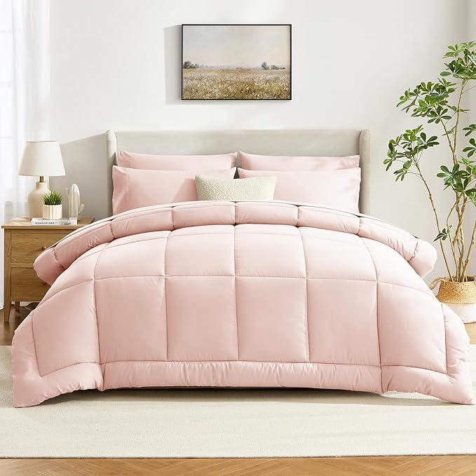 CozyLux King Size Comforter Set Blush Pink, 7 Pieces Bed in a Bag, Pink Comforter King Size, All Season Bedding Sets with Stitch Quilted Comforter, Flat Sheet, Fitted Sheet, Pillowcases