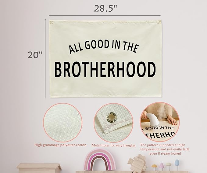 Nursery Rectangular Canvas Banner-Boho Flag Wall Sign for Boys Kids Brother,Baby Room Above Crib Playroom Reading Room Bedroom Decor-All Good in The Brotherhood-Baby Shower Birthday Christmas Gift