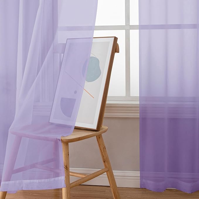 OWENIE Light Purple Sheer Curtains 90 Inches Long 2 Panels Set for Living Room Bedroom, Light Filtering Rod Pocket Clear Sheer Curtain 2Pcs, Each 42" W x 90" L,Lavender