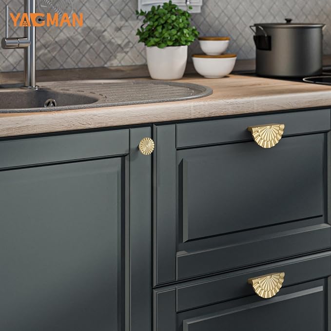 Brushed Gold Cabinet Pulls 6 Pack 3 Inch Modern Drawer Handles Kitchen Cupboard Half Moon Bathroom Dresser Sunflower Cup Pull SH-BG76-6