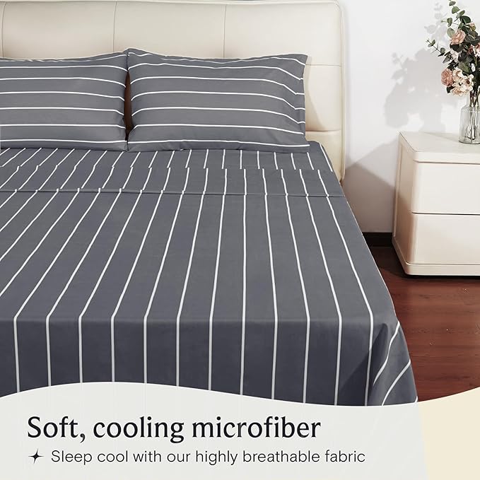 LuxClub Striped Sheets, 3 PC Striped Bed Sheets Twin Size for-Boys-and-Girls-Deep Pockets Wrinkle Free-Kids-Fitted Sheets Machine Washable Hotel Bedding (Twin, Light Grey)