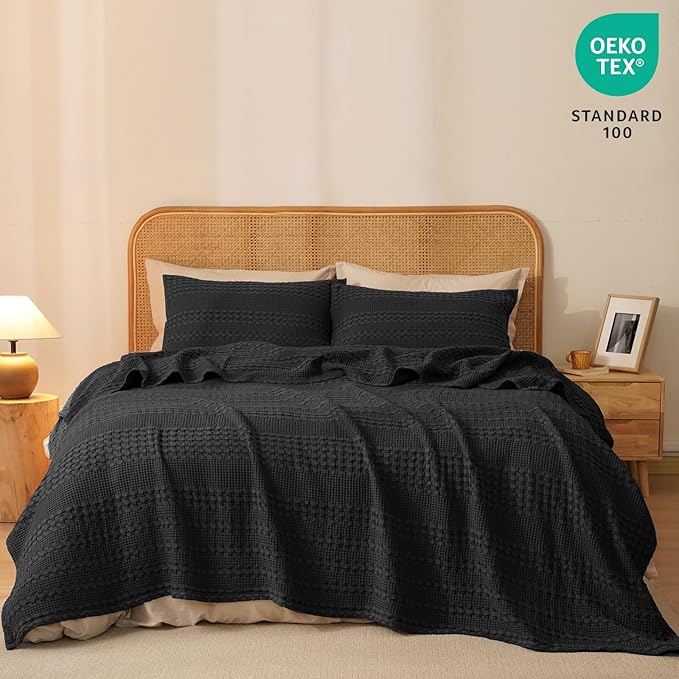 PHF 100% Cotton Waffle Weave Blanket Twin Size for Bed, Soft Lightweight & Breathable, All-Season Comfort, Luxury Aesthetic Woven Bedding for Home Decor, 66"x90", Black